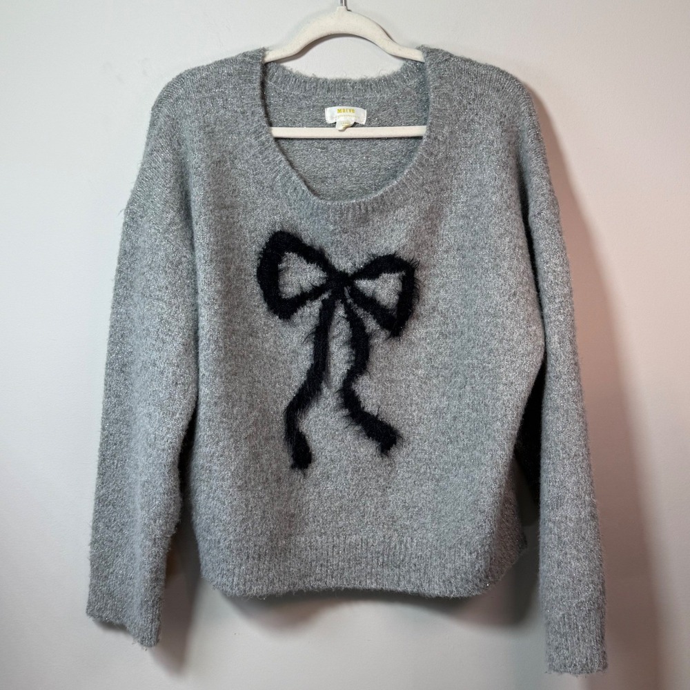 Maeve‎ Anthropologie Sweater Womens L Silver Grey Bow Shimmer Knit Winter Chic